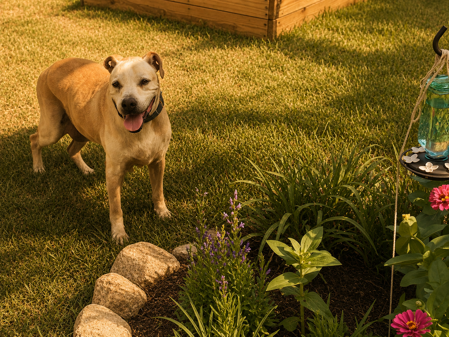 Dog enjoying a flowering backyard garden