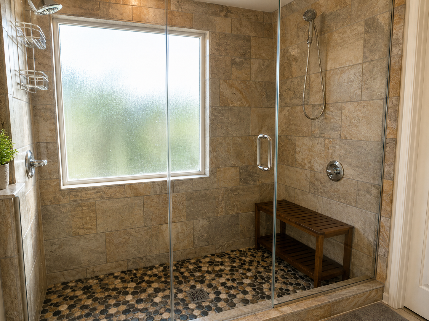 Completed tiled shower with a frosted window