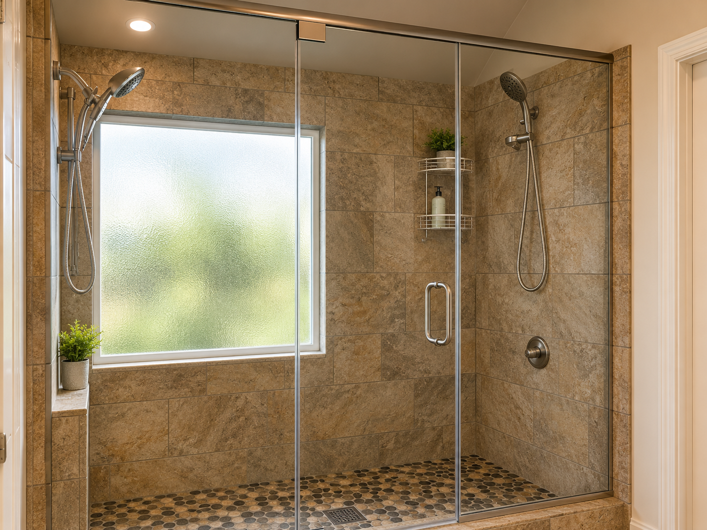Completed tiled shower with a clear glass door and natural light