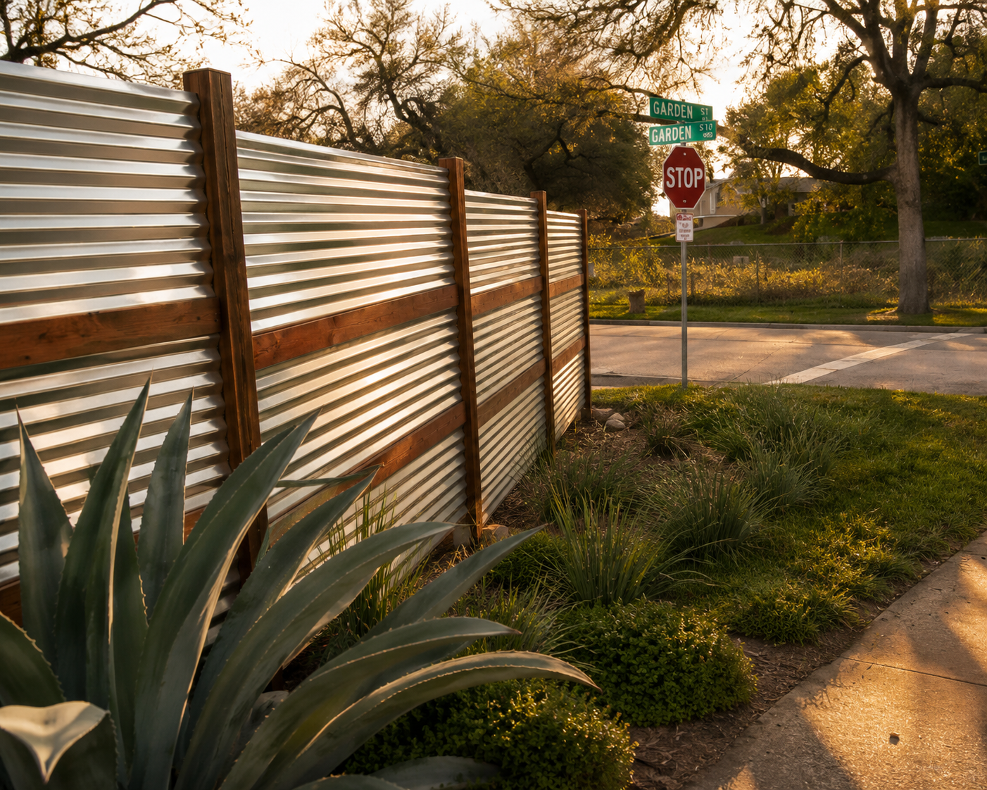 Completed corrugated metal fence beside a tree-lined street