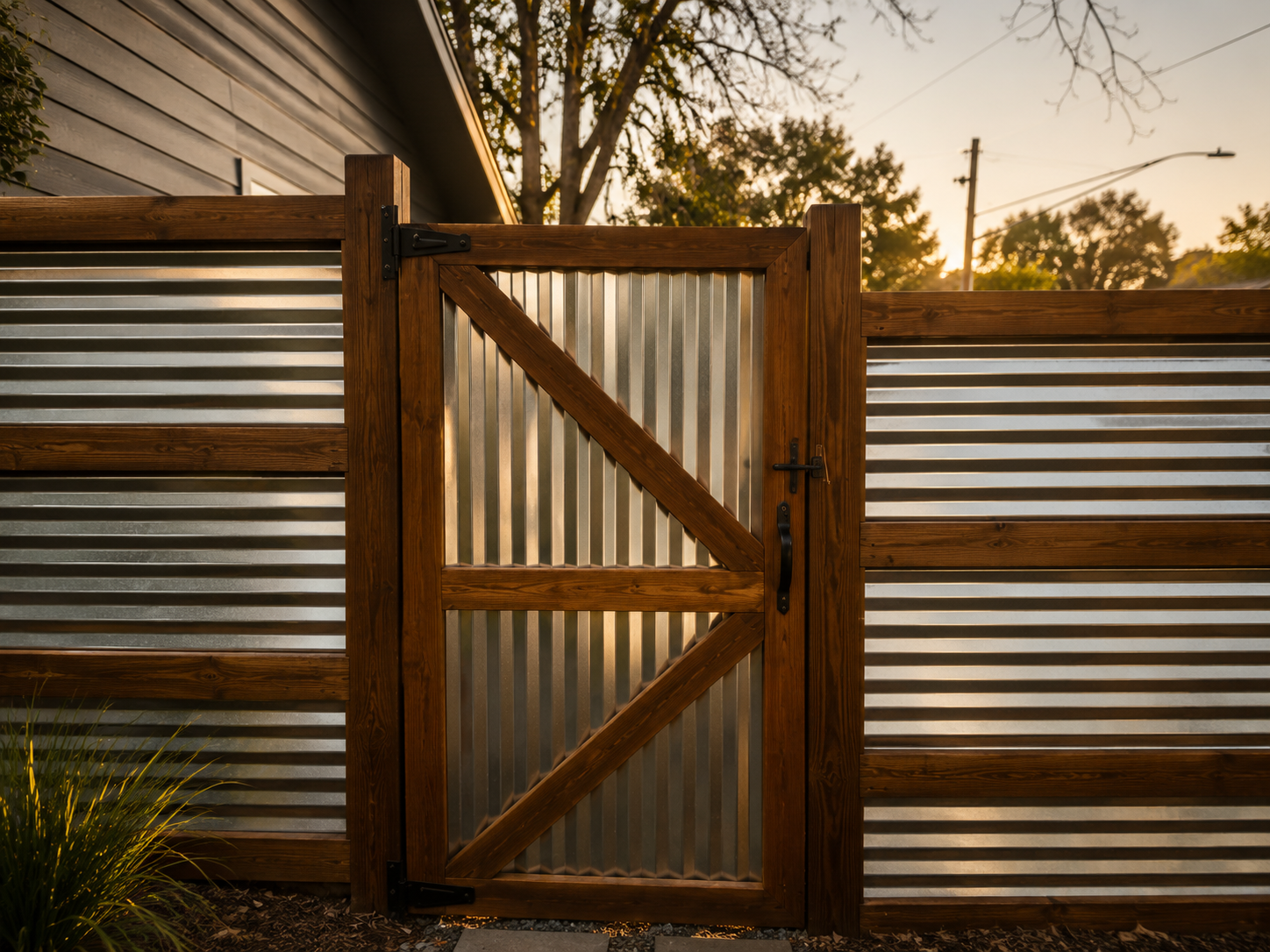 Wood-framed corrugated metal gate detail