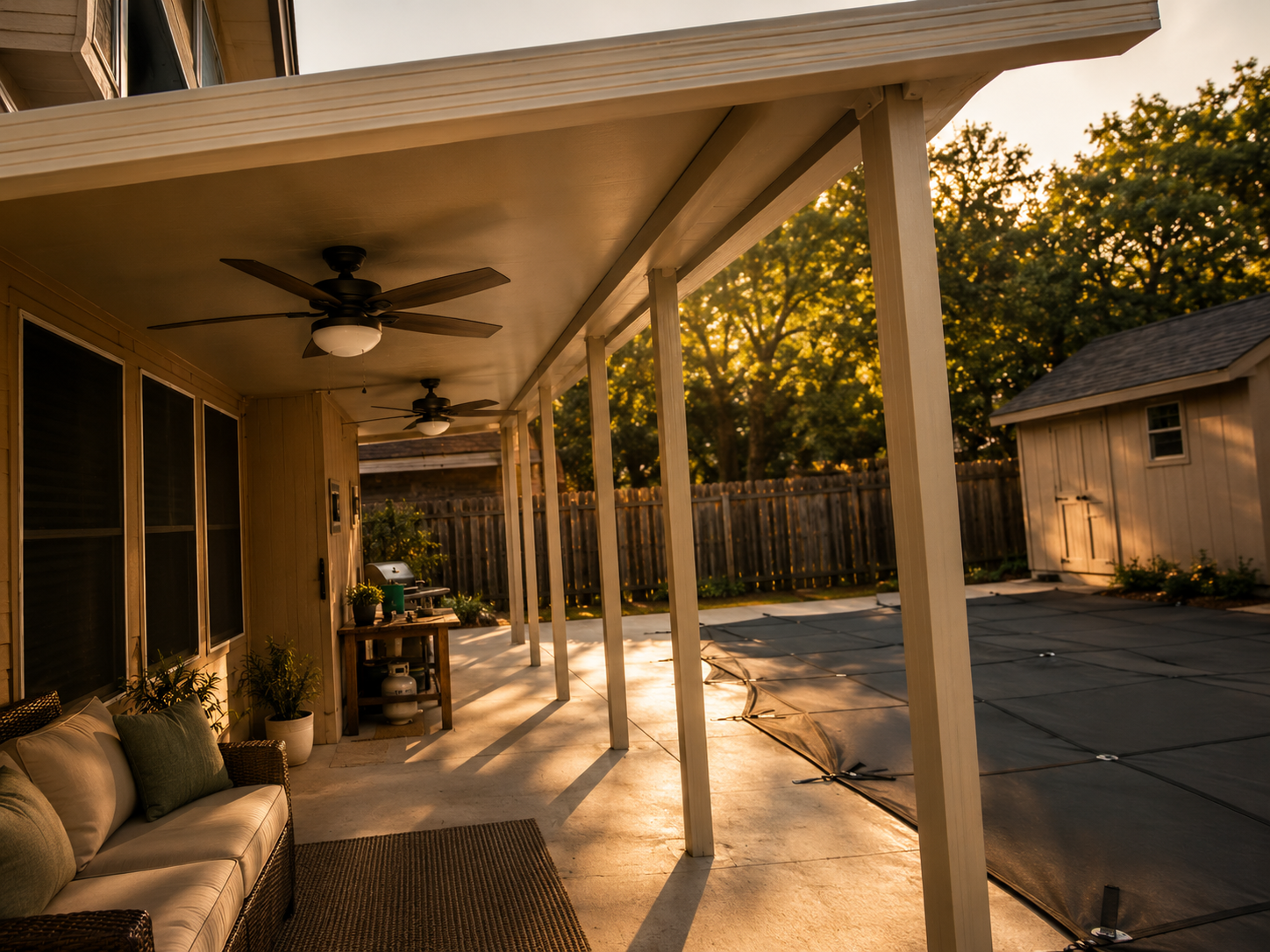 Completed covered patio with ceiling fans and a backyard gathering space