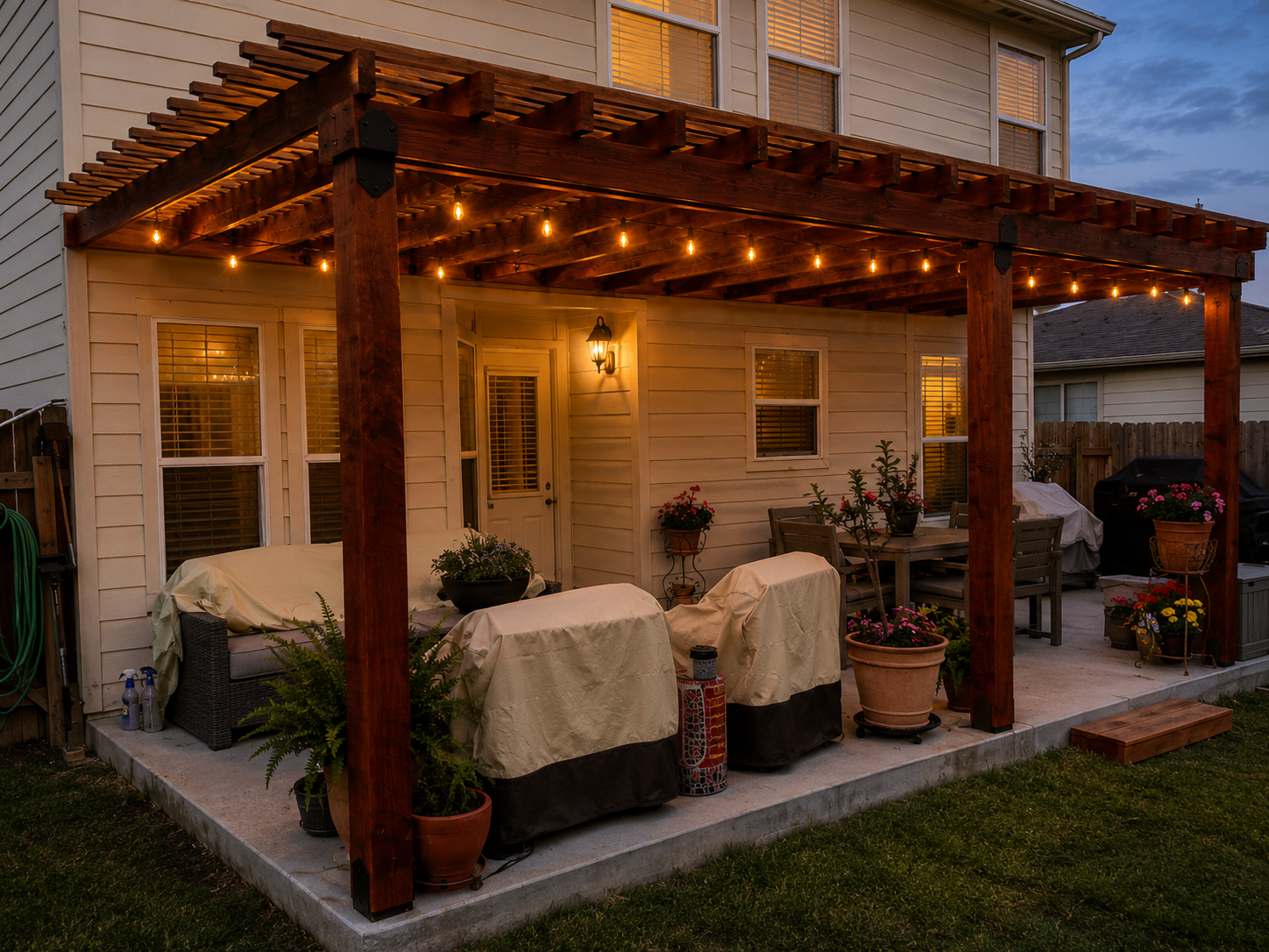 Completed pergola gathering space at dusk