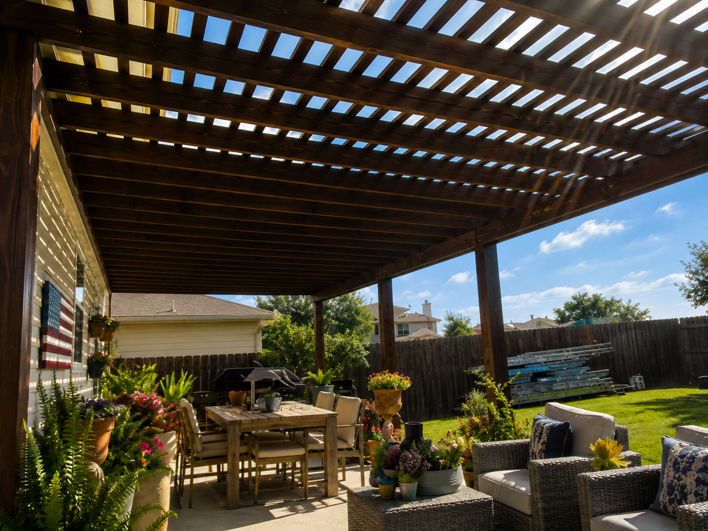 Completed pergola outdoor room with warm wood and generous shade