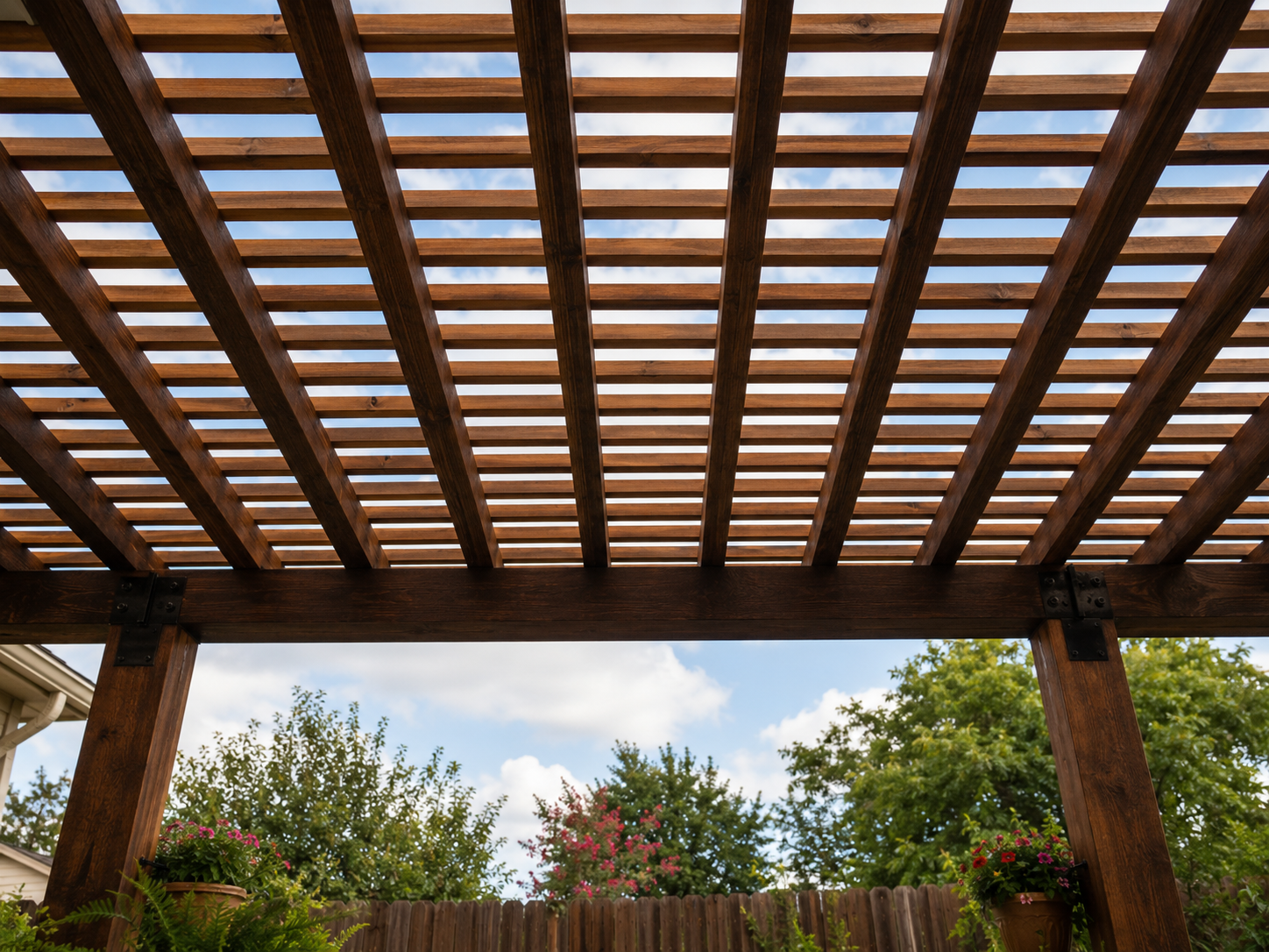 Pergola roof creating shade over an outdoor retreat
