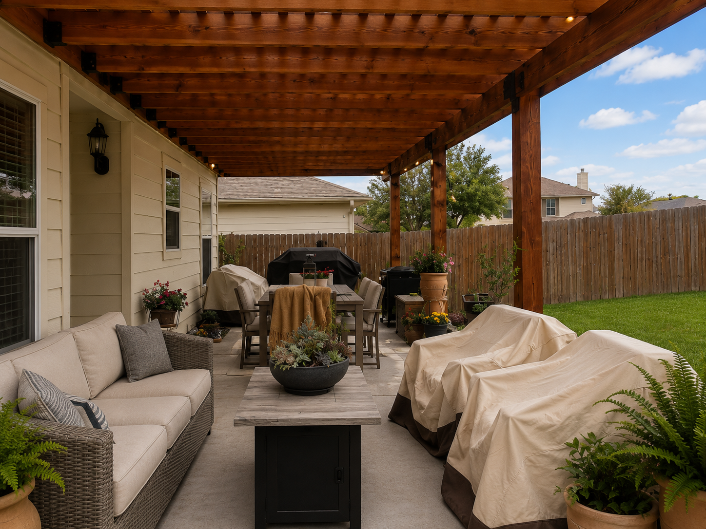 Pergola seating in a covered outdoor space