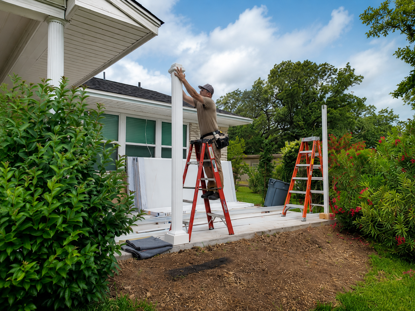 Craftsperson installing porch columns beside a home