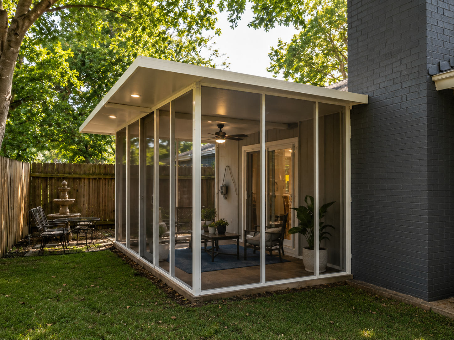 Completed screened porch with dark exterior trim