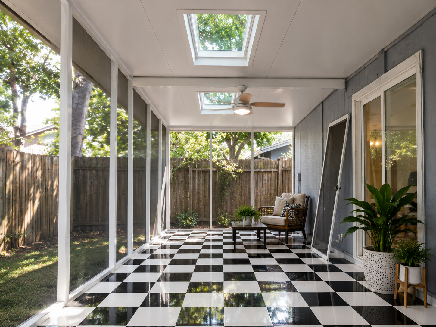 Completed screened porch interior with checkerboard floor