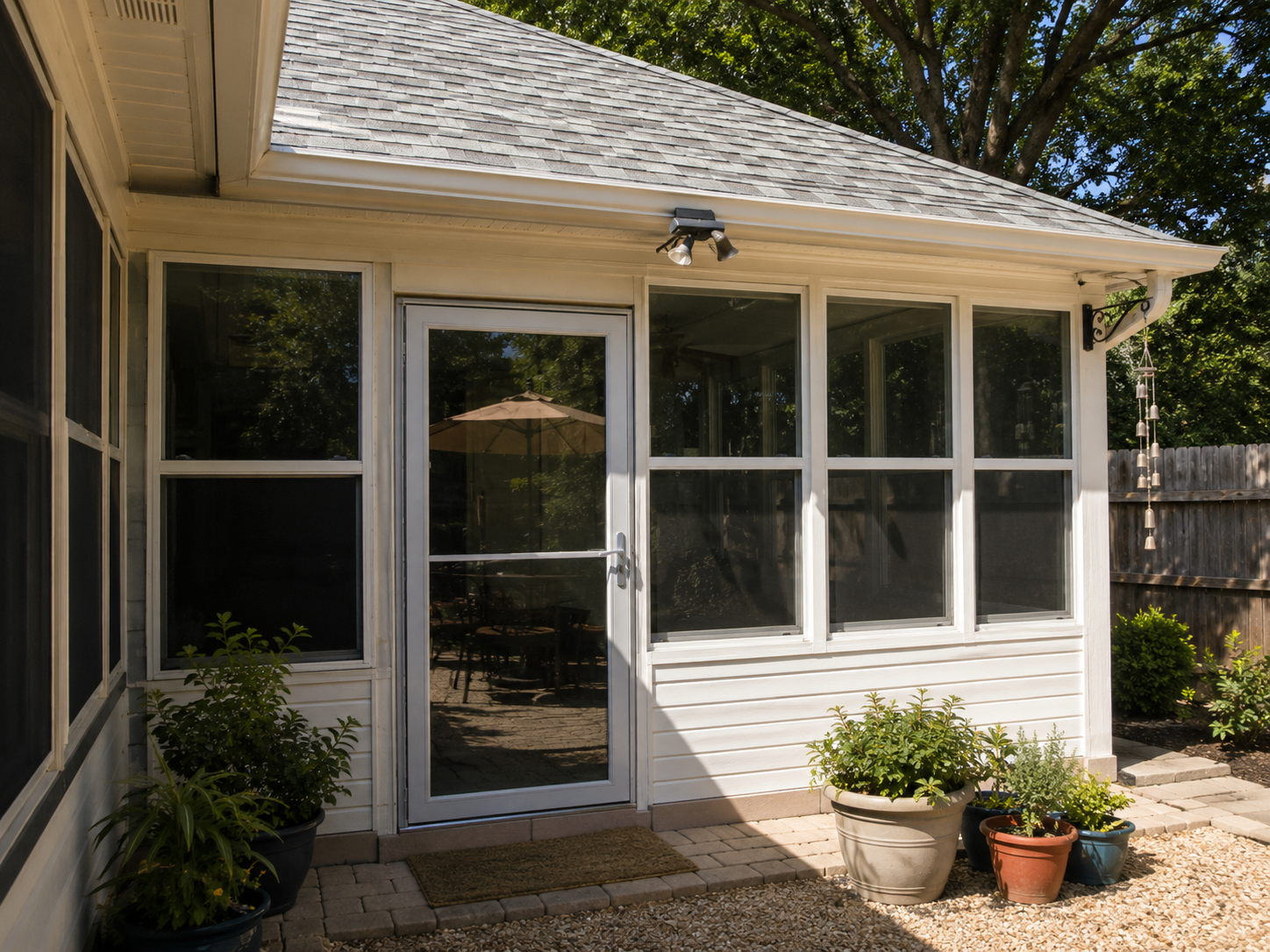 Completed screened porch with a glass door and surrounding windows