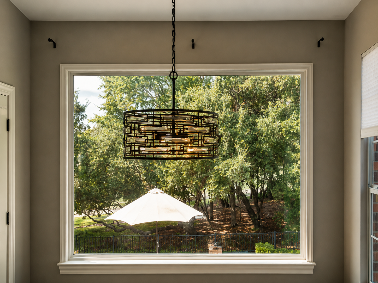 Completed interior window with a decorative pendant light