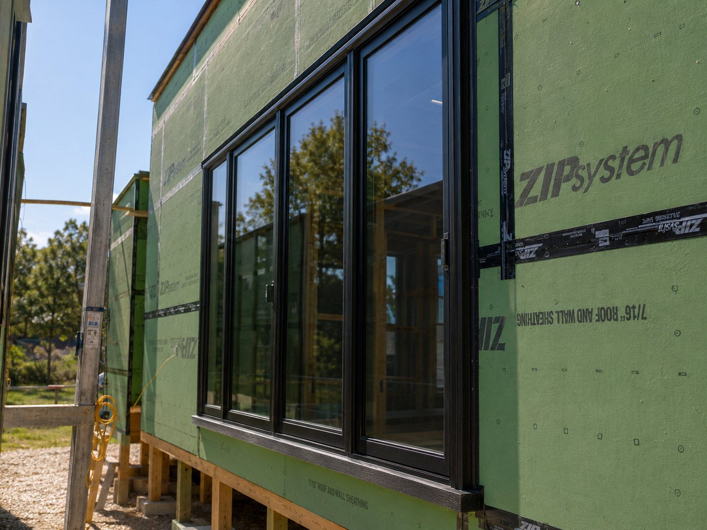 Black-framed windows installed in a home under construction