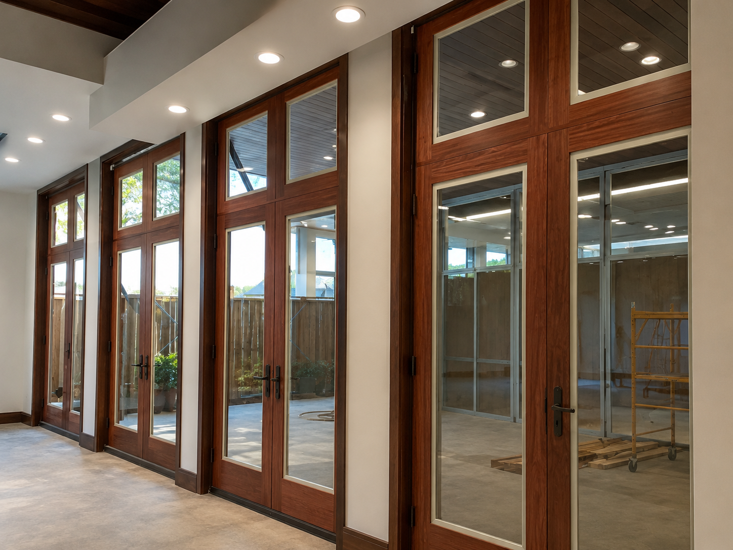 Completed row of crafted wood and glass doors