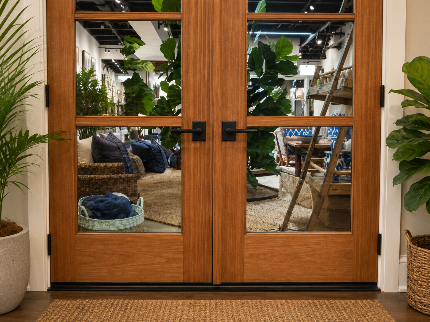 Crafted wood doors in an architectural opening