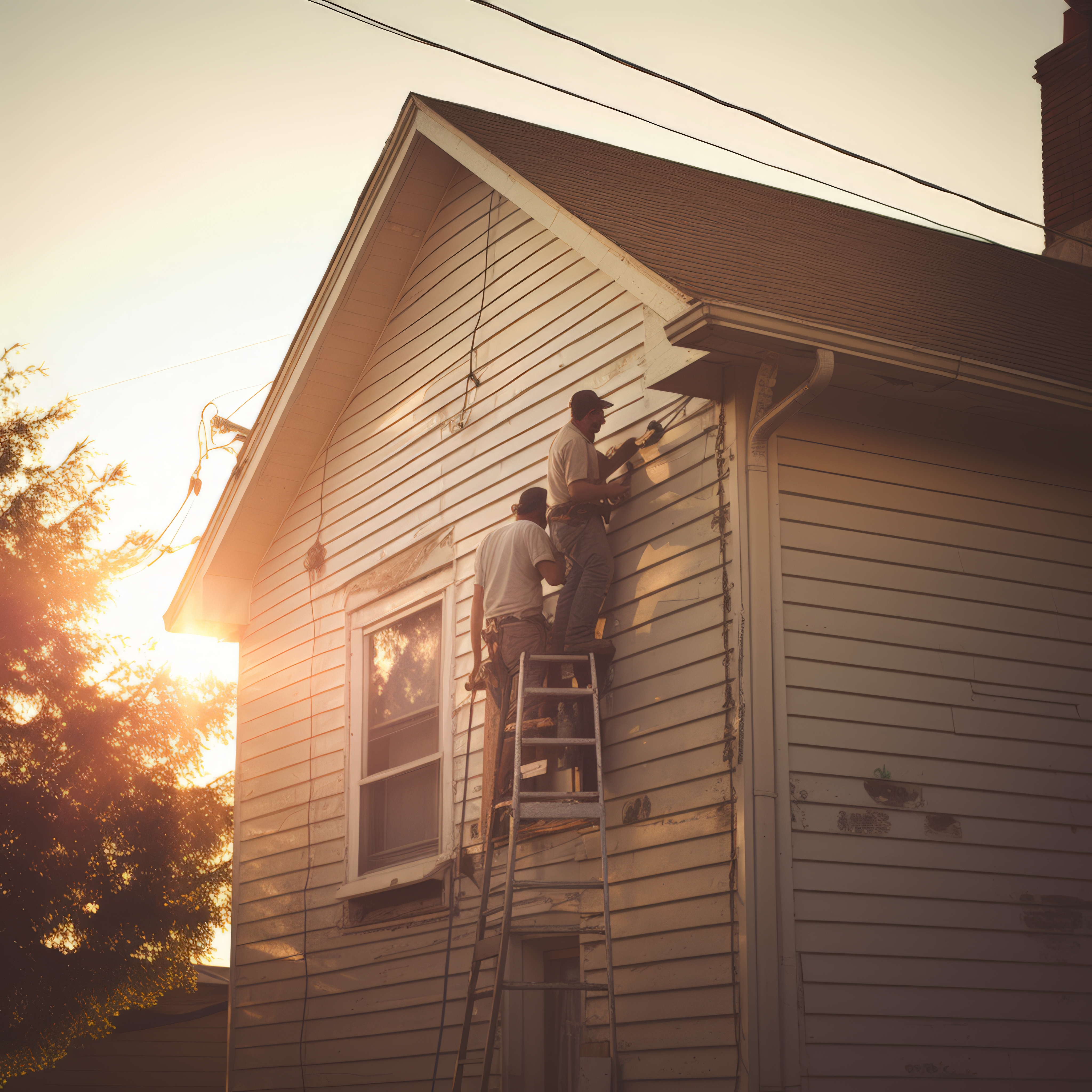 Workers repairing a home's exterior